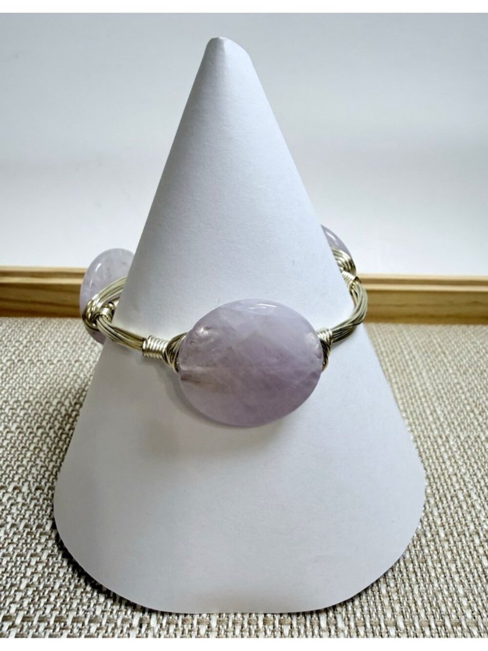 Bourbon &Bowties Silver Tone Wire Wrapped Bangle Bracelet 3 Oval Purple Stones